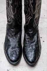 Nocona Black Full Quill Ostrich Leather Western Boots with Flame Stitch Embroidery黑色鴕鳥皮火焰刺繡西部靴 美國製