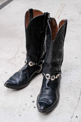 Black Leather Harness Cowboy Boots with Silver Conchos復古黑色皮革銀飾裝飾西部靴 美國製