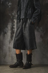 Vintge Drawstring cowhide patchwork capri pants 抽繩牛皮拼接七分褲