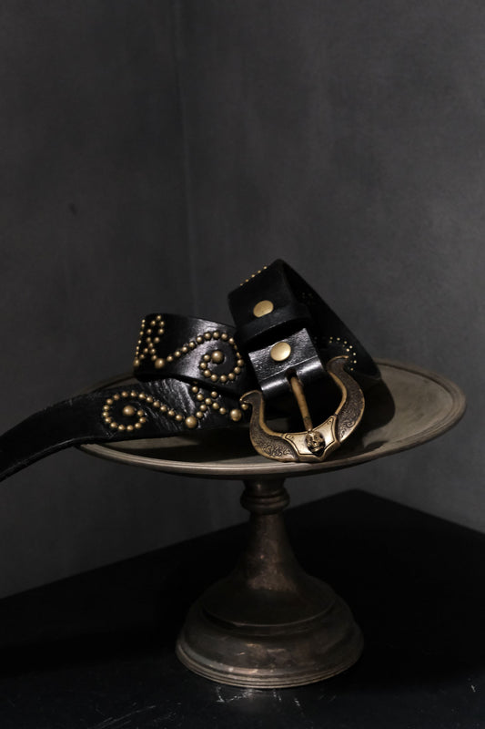 Galcia Black Studded Arabesque Belt with Brass Horseshoe Buckle 黑革黃銅馬蹄釦 手工鉚釘唐草腰帶