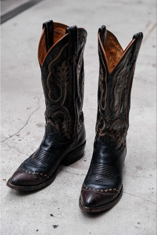 Tony Lama Black Brown Stitch Western Boots黑咖皮革拼彩色接縫線西部靴 美國製