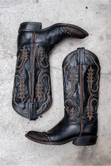 Tony Lama Black Brown Stitch Western Boots黑咖皮革拼彩色接縫線西部靴 美國製