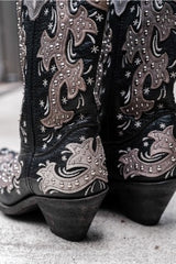Rockin Country Embellished Western Cowboy Boots 黑灰雕花鉚釘裝飾西部牛仔長靴