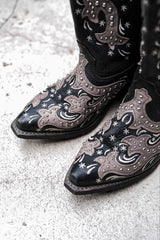 Rockin Country Embellished Western Cowboy Boots 黑灰雕花鉚釘裝飾西部牛仔長靴
