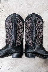 Nocona Black Full Quill Ostrich Leather Western Boots with Flame Stitch Embroidery黑色鴕鳥皮火焰刺繡西部靴 美國製
