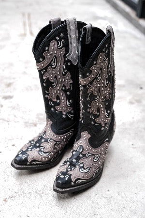 Rockin Country Embellished Western Cowboy Boots 黑灰雕花鉚釘裝飾西部牛仔長靴