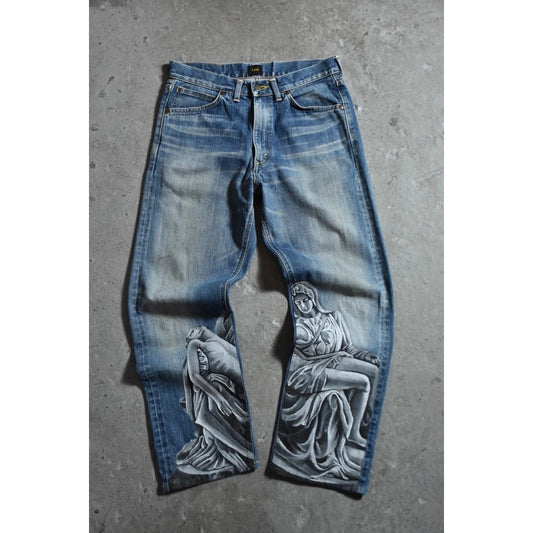Lee Vintage Hand Painted Denim Jeans Baroque Style Vintage Hand Painted Baroque Style Virgin Jeans Made in Japan