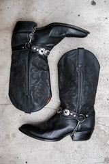 Cody James Black Leather Harness Western Boots with Silver Conchos黑色皮革銀飾飾帶西部靴 墨西哥製