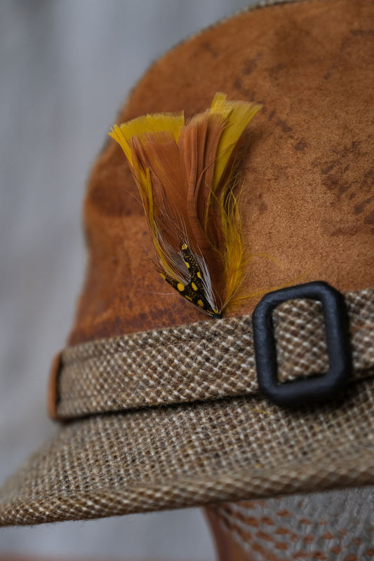 Cavanagh スエード&ツイード フェドーラハット フェザー付き アメリカの100年の歴史を持つ帽子ブランド スエードツイードステッチ 紳士用帽子