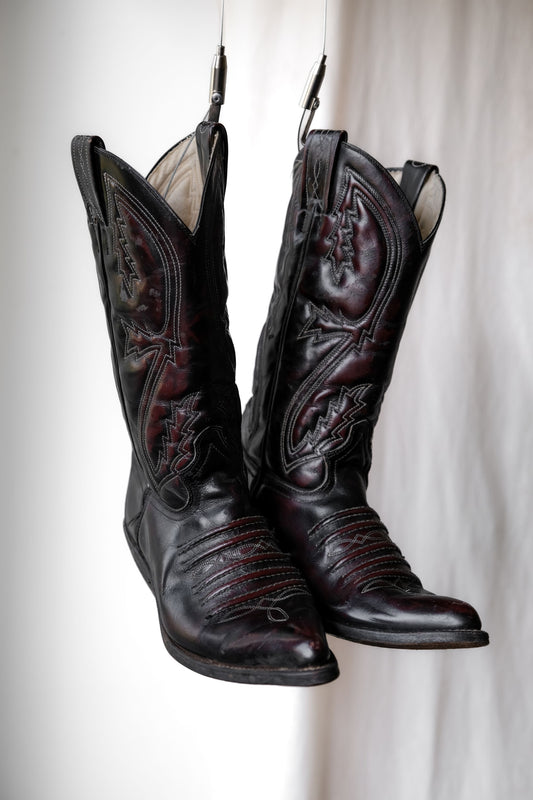 Vintage Burgundy Leather Cowboy Western Boots 復古雕花牛仔西部靴 勃艮第紅