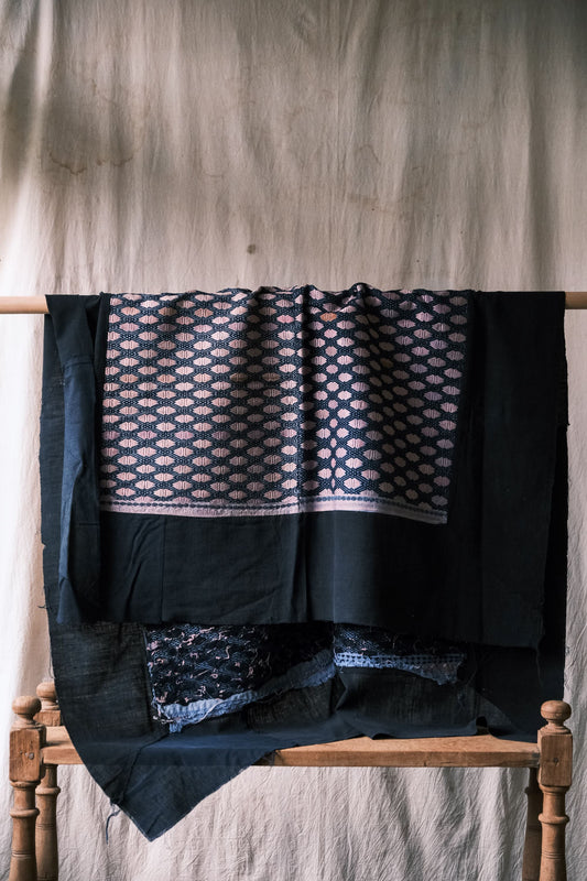 Rare vintage brocade quilt from Southwest China blue dye handmade cross stitch (available at Anemone Studios)