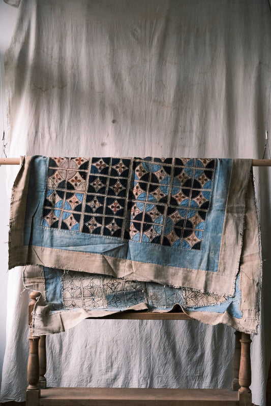 Rare vintage brocade quilt from the Southwest, blue-dyed handmade patchwork (available at Anemone Studios)