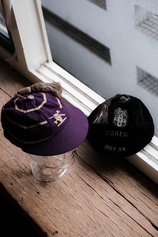 1937~1938 英国ベルベット刺繍ラグビーキャップ 英国ラグビーチームベルベット刺繍記念キャップ 黒/紫