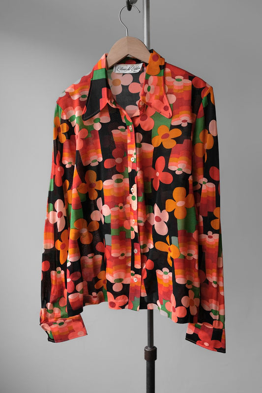 1970's "Olivier de Verlon" Vintage Chiffon Sheer Shirt Made in France French printed chiffon see-through peak collar shirt