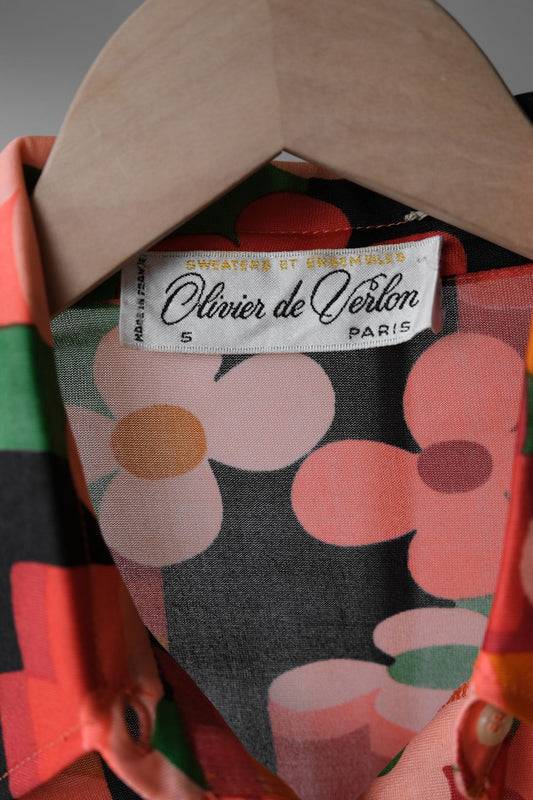 1970's "Olivier de Verlon" Vintage Chiffon Sheer Shirt Made in France French printed chiffon see-through peak collar shirt