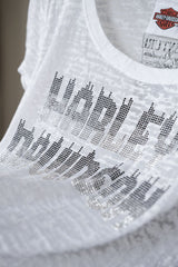 HARLEY-DAVIDSON Vintage Embellished Logo Sheer Tee Made in USA古著哈雷·戴維森 水鑽Logo透膚印花短踢 美國製