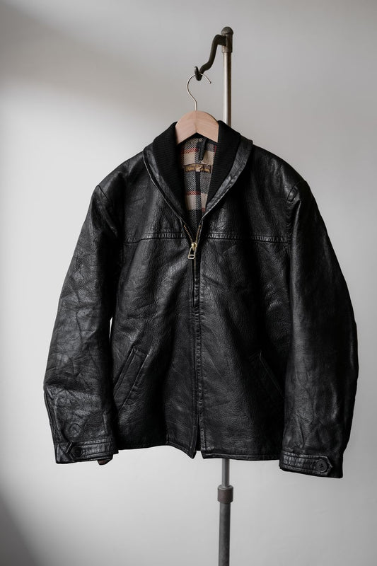 1950s"Akta Getskinn"Germany Vintage Shawl Collar Leather Jacket German vintage loofah collar zipper leather jacket plaid lining