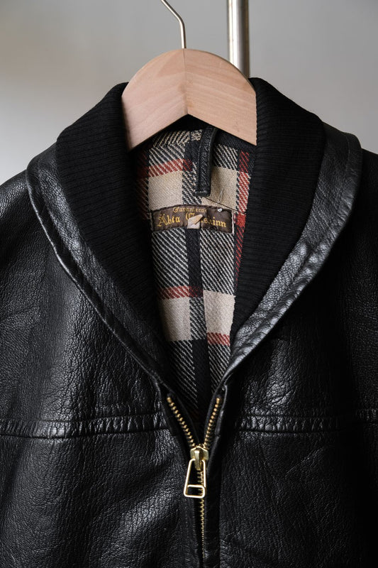 1950s"Akta Getskinn"Germany Vintage Shawl Collar Leather Jacket German vintage loofah collar zipper leather jacket plaid lining