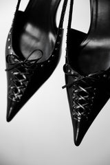 VERSACE Dua Lipa - Black Leather Corset Kitten Heels 凡賽斯 尖頭繫帶露跟低跟鞋