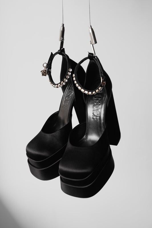 VERSACE Aevitas Satin Platform Heels Crystal Charm Versace Aevitas Satin Platform Heels Crystal Charm