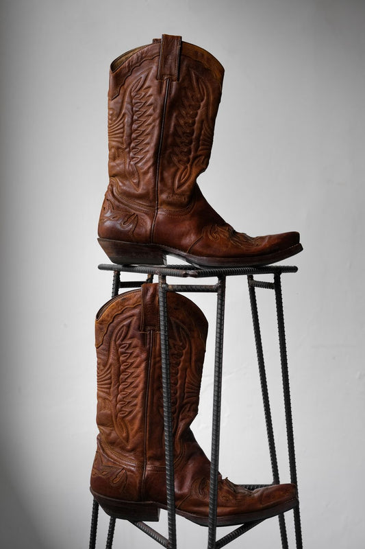 "SANCHO" Vintage Leather Cowboy Western Boots Vintage caramel-colored carved cowboy western boots