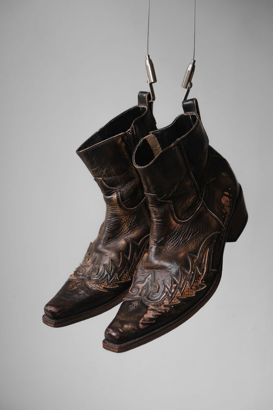 "SENDRA" Vintage Brass Leather Cowboy Zip Boots Vintage bronze carved cowboy zipper boots
