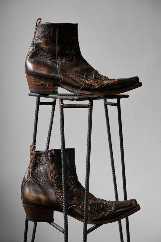 "SENDRA" Vintage Brass Leather Cowboy Zip Boots Vintage bronze carved cowboy zipper boots