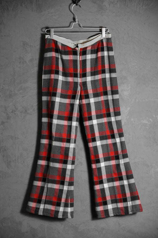 Vintage 70~90’s Plaid Flared Pants 古著斜紋布格紋喇叭褲 黑灰紅
