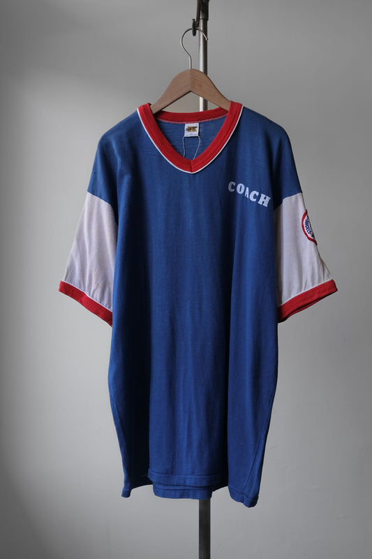 1970's Russell Softball Coach Ringer Tee Vintage Printed Piping Short Kick Softball Patch