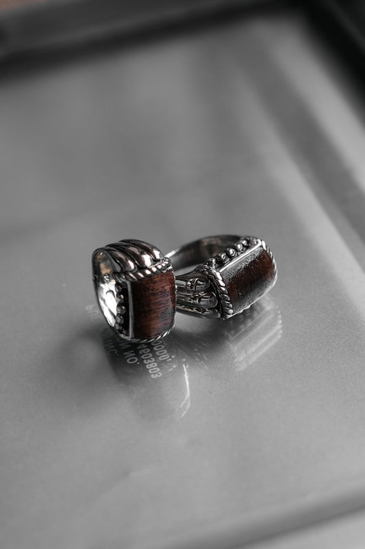 ヴィンテージウッドインレイ 925 スターリングシルバー チャンキーリング