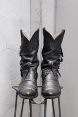 Black Leather Fringed &Studded Western Boots 牛皮流蘇鉚釘西部靴 附皮革吊飾勳章