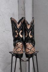 Black Leather &Python-Embossed Cowboy Boots黑色牛皮拼蟒紋壓紋牛仔靴