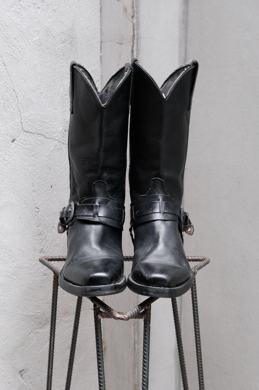 Black Leather Harness Buckle Western Boots 黑色牛皮騎士釦帶尖頭西部靴