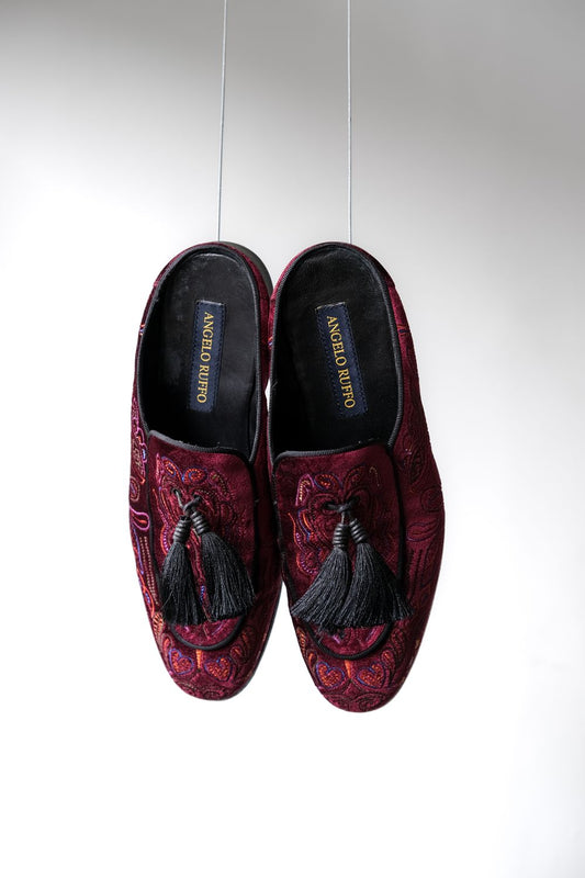 ANGELO RUFFO Velvet Mules Italian designer brand velvet embroidered tassel mules