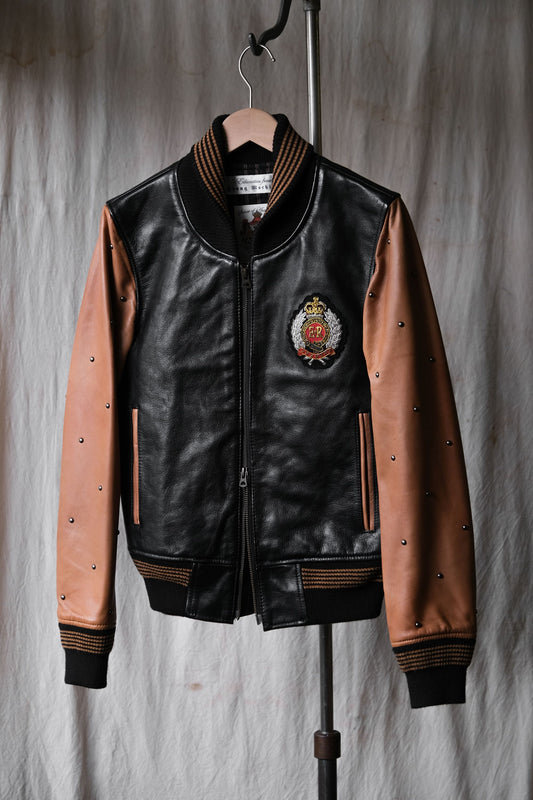 Education from Young Machines Leather Varsity Jacket 日本品牌 羊皮袖拼接牛皮刺繡棒球夾克