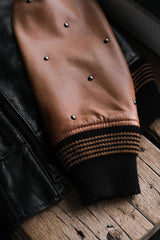 Education from Young Machines Leather Varsity Jacket Japanese brand sheepskin sleeves stitching cowhide embroidery baseball jacket