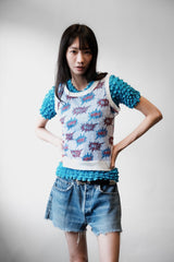 W< 90年代メッシュタンクトップ ベルギーデザイナーブランドのプリントメッシュタンクトップ