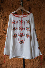 Vintage Romanian Embroidered Folk Blouse Romanian embroidered ethnic top with drawstring neck/cuffs