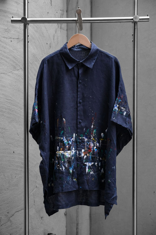 FRI 27 NOV. Splatter Painted Linen Cape Shirt Thai designer brand paint-splashed cotton and linen cape shirt dark blue