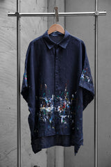 11月27日(金)スプラッターペイントリネンケープシャツ タイのデザイナーブランド、ペイントスプラッシュコットン&リネンケープシャツ、ダークブルー