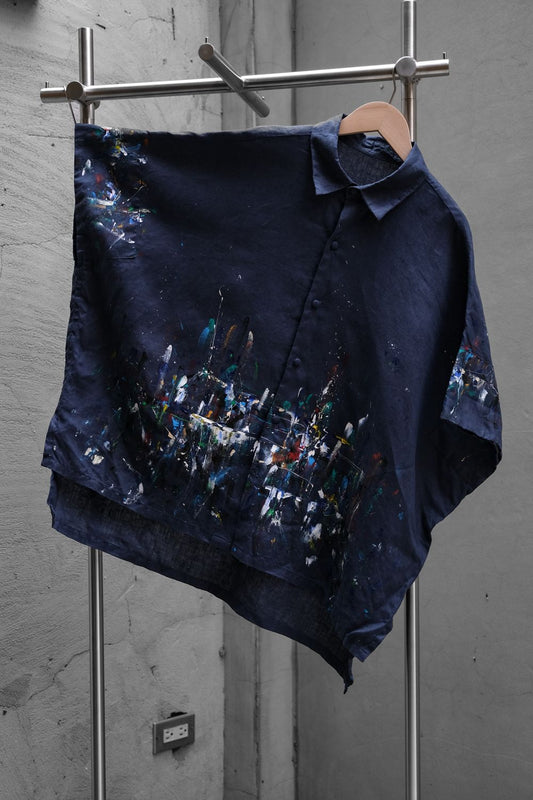 FRI 27 NOV. Splatter Painted Linen Cape Shirt Thai designer brand paint-splashed cotton and linen cape shirt dark blue