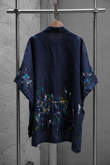 11月27日(金)スプラッターペイントリネンケープシャツ タイのデザイナーブランド、ペイントスプラッシュコットン&リネンケープシャツ、ダークブルー
