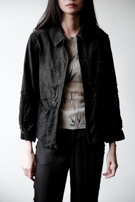 1940's "Le Mont St Michel" French Vintage Black Moleskin Boro Jacket French workwear vintage black moleskin ragged work jacket