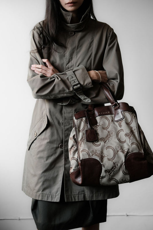 1980年代ヴィンテージ セリーヌ C マカダム キャンバス トートバッグ レトロ オールド フラワー キャリッジ キャンバス ハンドバッグ