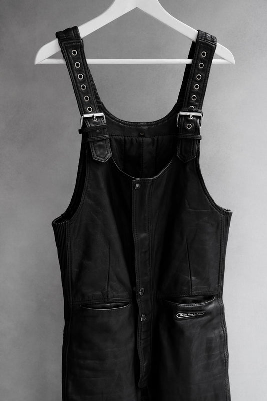 Vintage Hein Gericke Leather Motorcycle Bib Overalls 古著真皮摩托車騎士吊帶褲 黑色