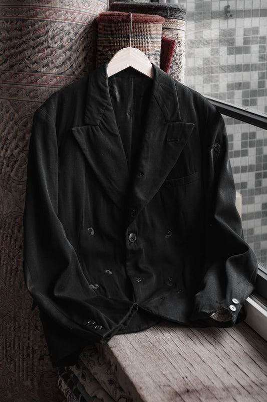 1930s Vintage French Wool Sack Coat with Embroidery Repair