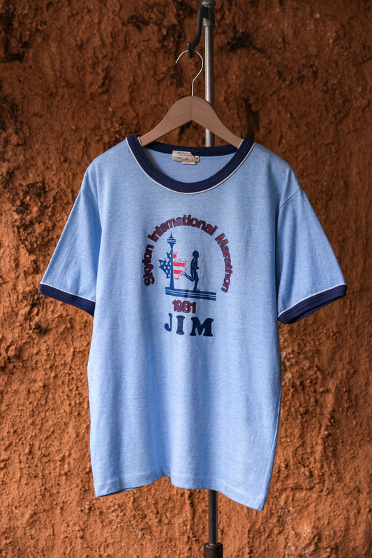 1981年ヴィンテージ スカイロン インターナショナル マラソン リンガー T シャツ ヴィンテージ マラソン プリント パイピング T カナダ製