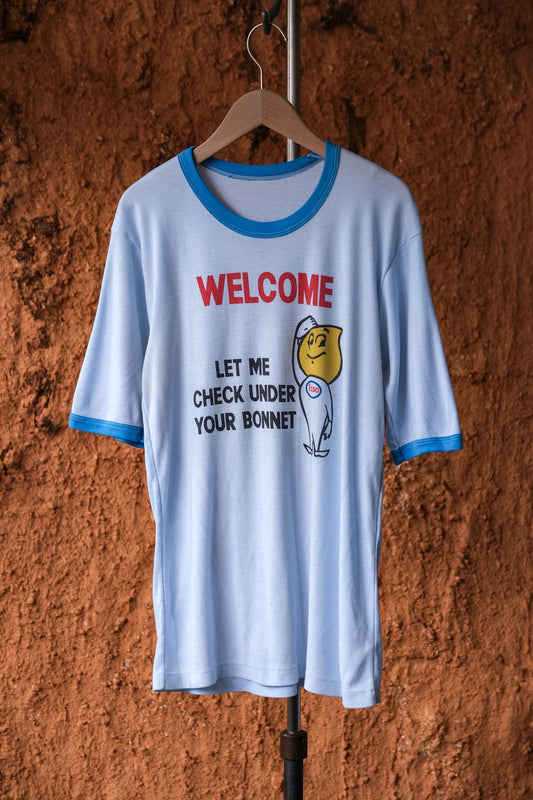 1980年代のヴィンテージエッソオイルリンガーTシャツヴィンテージガソリンスタンドブランドプリントパイピングTシャツ