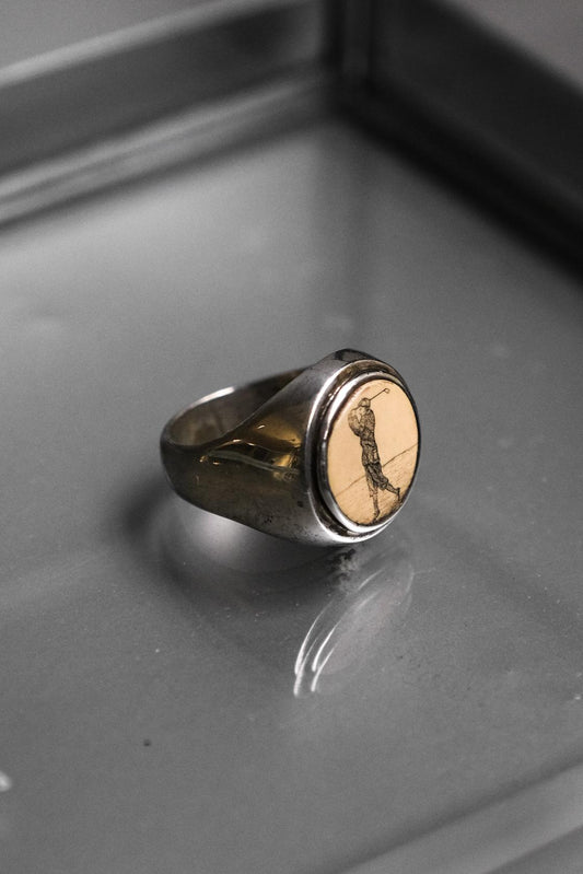 Antique Celluloid Litho Golfer Sterling Silver 925 Ring 古董赛璐珞平印高爾夫圖案純銀戒