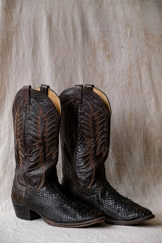 ”Nocona Boots” Snake Leather Cowboy Western Boots 復古棕色蛇皮牛仔西部靴